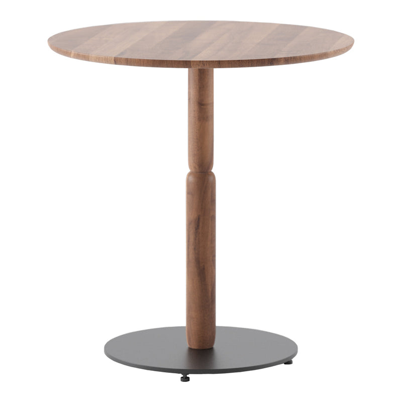 Round wooden table with a walnut finish and black metal base, featuring a smooth, glossy surface.