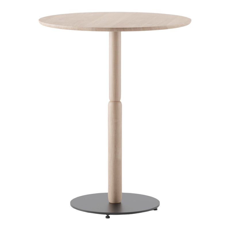 Light wood round tabletop with a sleek black base; modern, minimalistic design. Perfect for contemporary spaces.