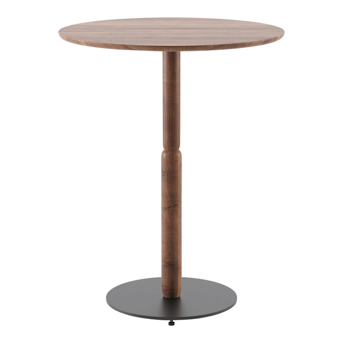 Round wooden bar table featuring a walnut finish and a sleek black metal base, perfect for modern dining spaces.