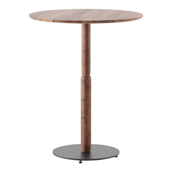 Round wooden bar table with a natural wood finish and a sleek black base, featuring a minimalist design.