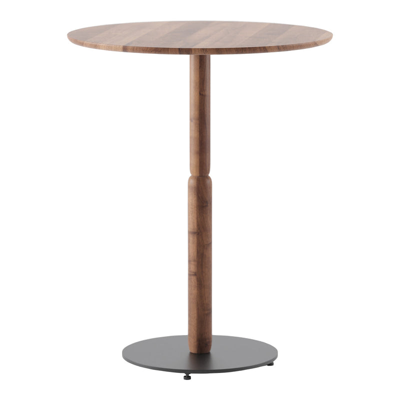 Round wooden bar table with a natural wood finish and a sleek black base, featuring a minimalist design.