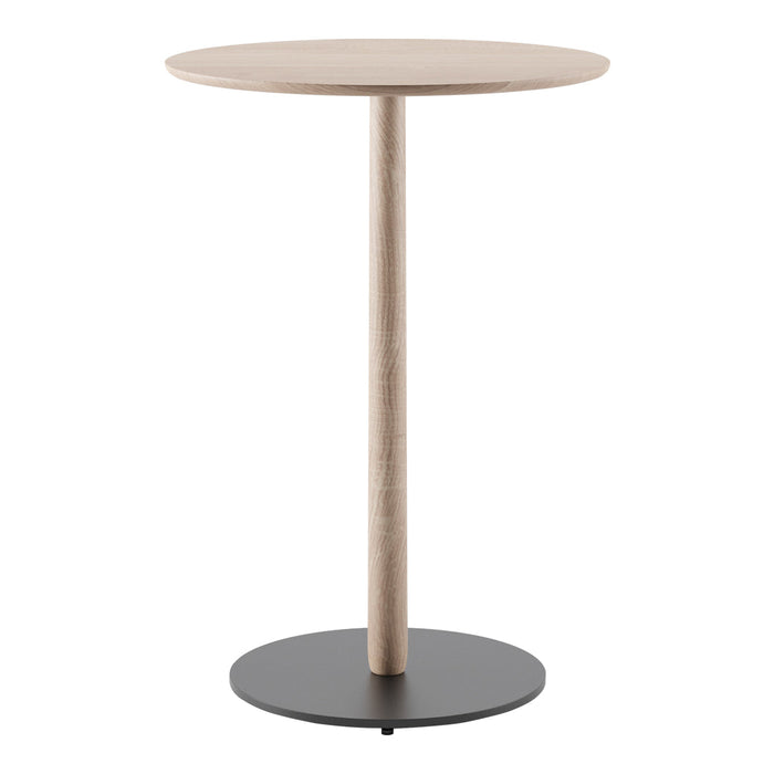 Round wooden top in light beige, slim wooden base, and a sleek black metal pedestal. Modern minimalist design.