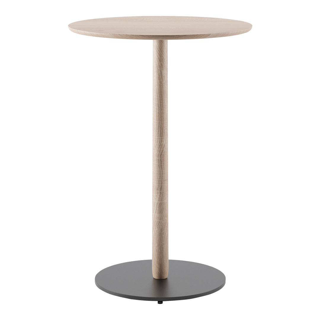 Sleek round table with a light wood top and a solid black circular base, creating a modern minimalist look.