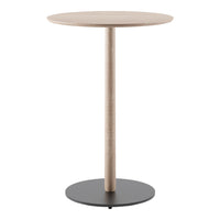 Sleek round table with a light wood top and a solid black circular base, creating a modern minimalist look.