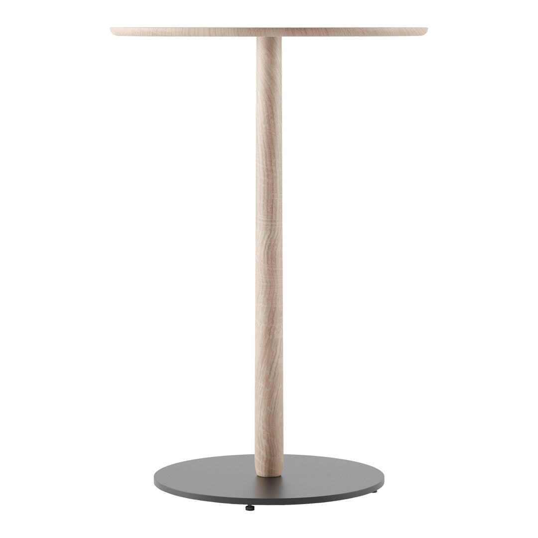 Light wood top with natural finish and contrasting black circular base, minimalist design.