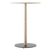 Light wood top with natural finish and contrasting black circular base, minimalist design.