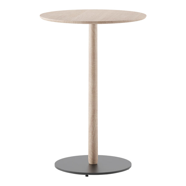 Round wooden side table with a light oak top and a sleek black metal base, featuring a minimalist design.