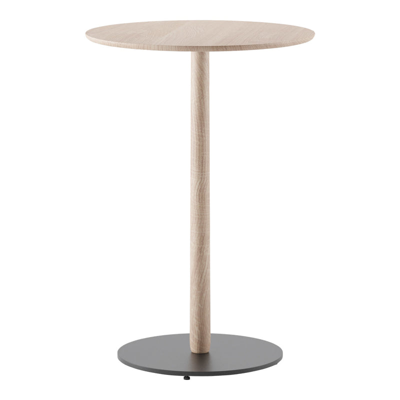 Round wooden side table with a light oak top and a sleek black metal base, featuring a minimalist design.