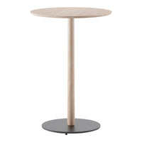 Natural wood finish tabletop with a sleek black metal base. Modern, minimalist design perfect for any space.