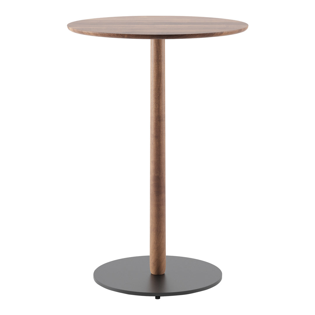 Round wooden table with a walnut finish and a sleek black metal base, perfect for modern interiors.
