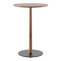 Round wooden table with a walnut finish and a sleek black metal base, perfect for modern interiors.