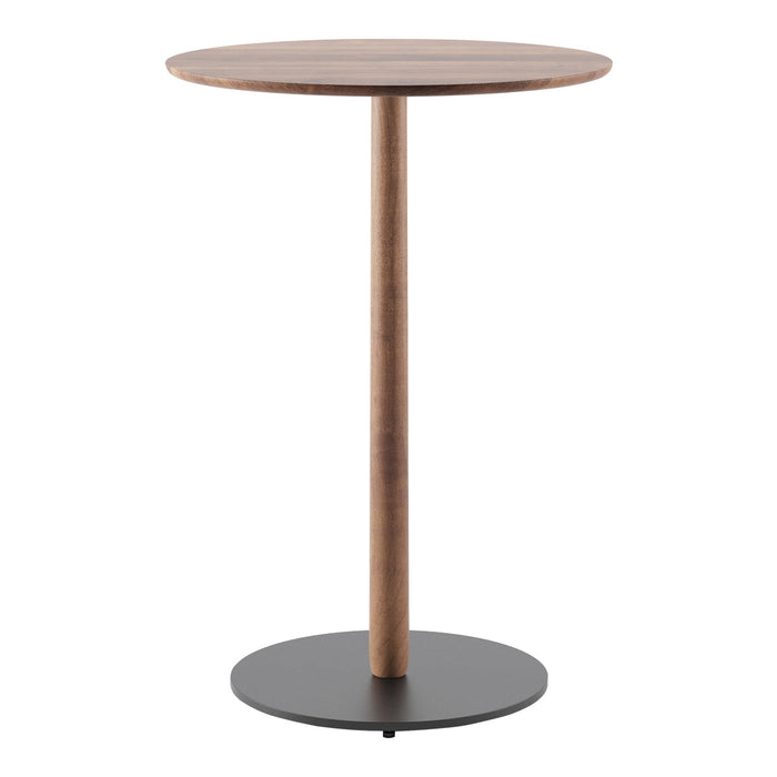 Round wooden table with a walnut finish and a sleek black metal base, perfect for modern interiors.