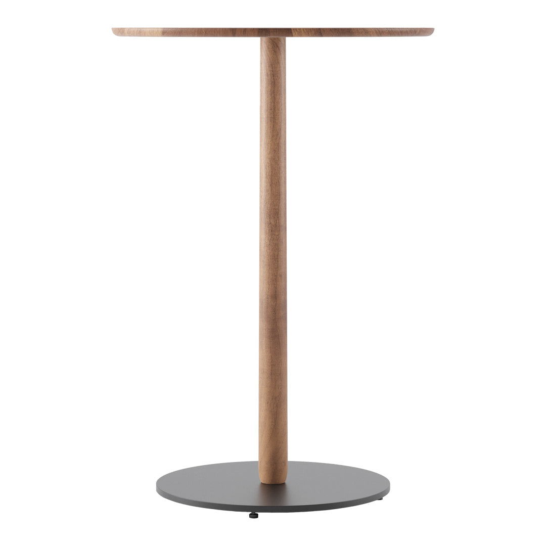 Modern round bar table with a sleek black base and natural wood top, featuring clean lines and minimalistic design.