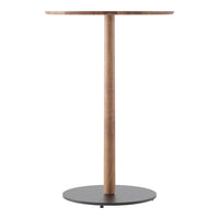 Modern round bar table with a sleek black base and natural wood top, featuring clean lines and minimalistic design.