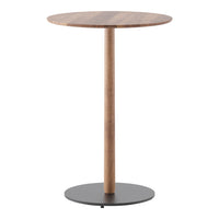 Round wooden top bar table with a natural wood finish and a sleek black metal base. Perfect for modern decor.