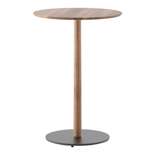 Round wooden top bar table with a natural wood finish and a sleek black metal base. Perfect for modern decor.