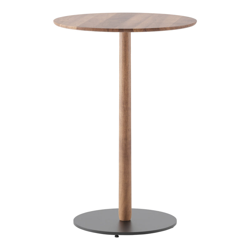 Round wooden top bar table with a natural wood finish and a sleek black metal base. Perfect for modern decor.