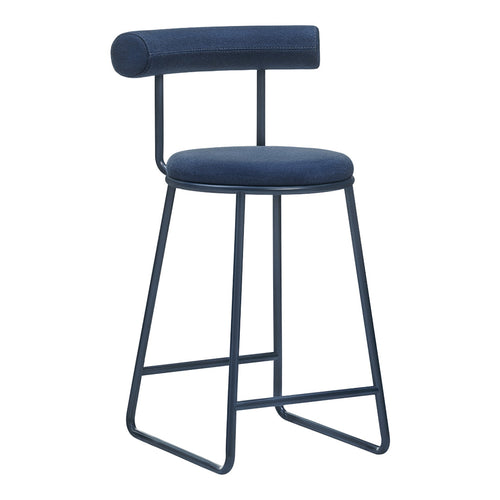 Navy blue upholstered bar stool with a sleek metal frame and minimalistic design, featuring solid color and clean lines.