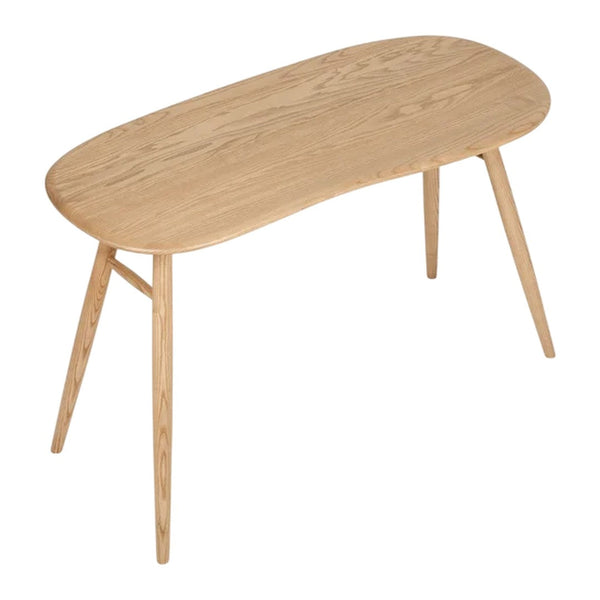 Natural wood table in light oak finish with a smooth, curved surface and tapered legs. Perfect for modern interiors.