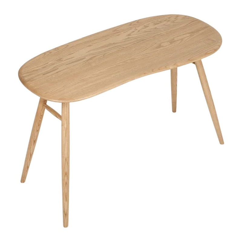 Natural wood table in light oak finish with a smooth, curved surface and tapered legs. Perfect for modern interiors.