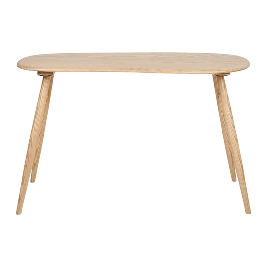 Natural wood finish dining table with a smooth, oval shape and tapered legs. Minimalist design perfect for any décor.