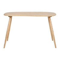 Natural wood finish dining table with a smooth, oval shape and tapered legs. Minimalist design perfect for any décor.