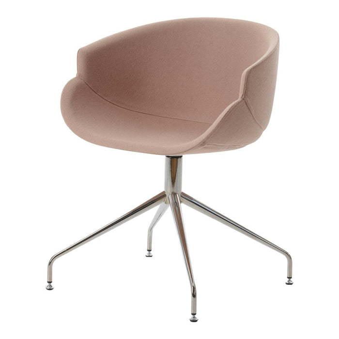 Blush pink upholstered chair with smooth contours and a sleek chrome base, perfect for modern decor.