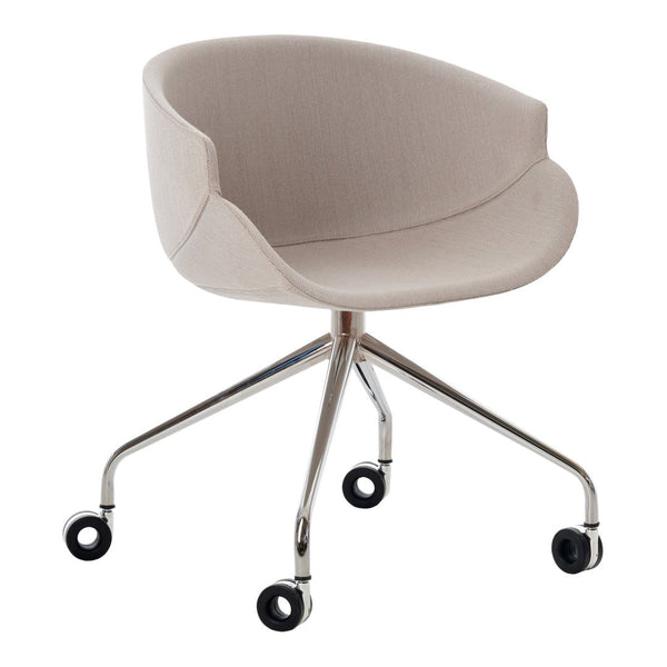 Beige upholstered chair with a smooth texture and chrome base, featuring five black rolling wheels.