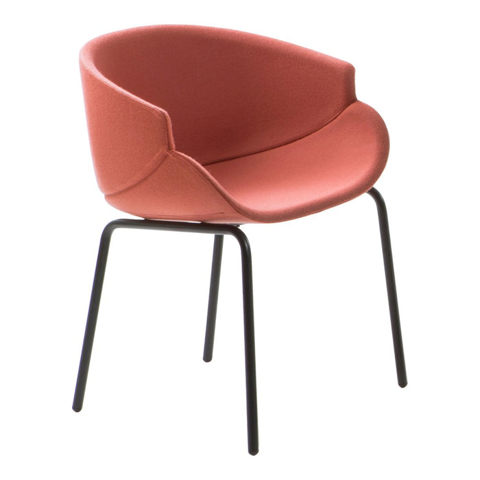 Coral pink upholstered chair with sleek black metal legs, featuring a smooth, minimalist design.