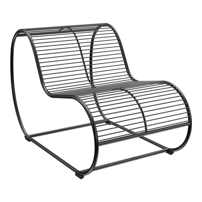 Black metal lounge chair with wavy, striped design and minimalist structure, perfect for modern decor.