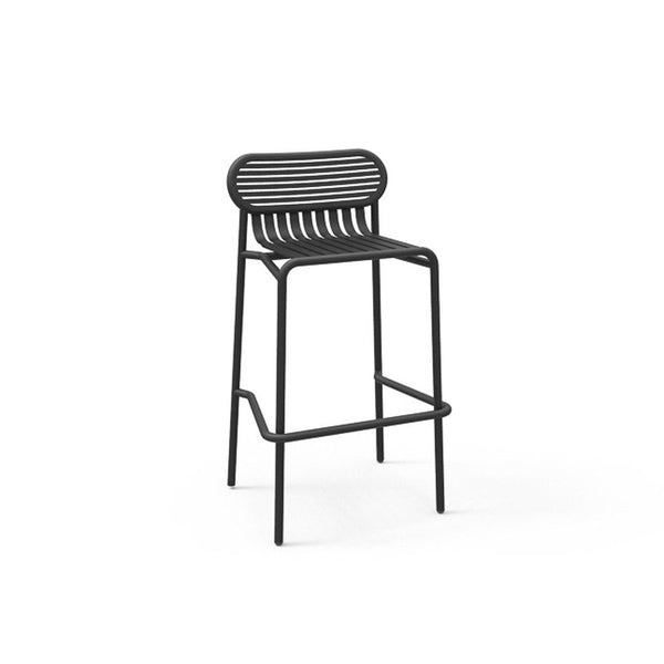 Black metal bar stool with horizontal slats and a minimalist design, perfect for modern decor.