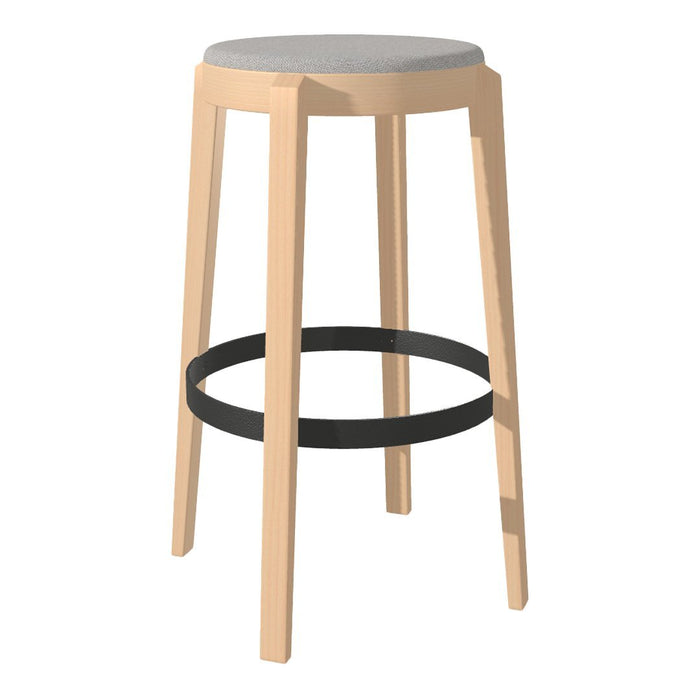 Natural wood bar stool with a light gray upholstered seat and contrasting black footrest detail. 