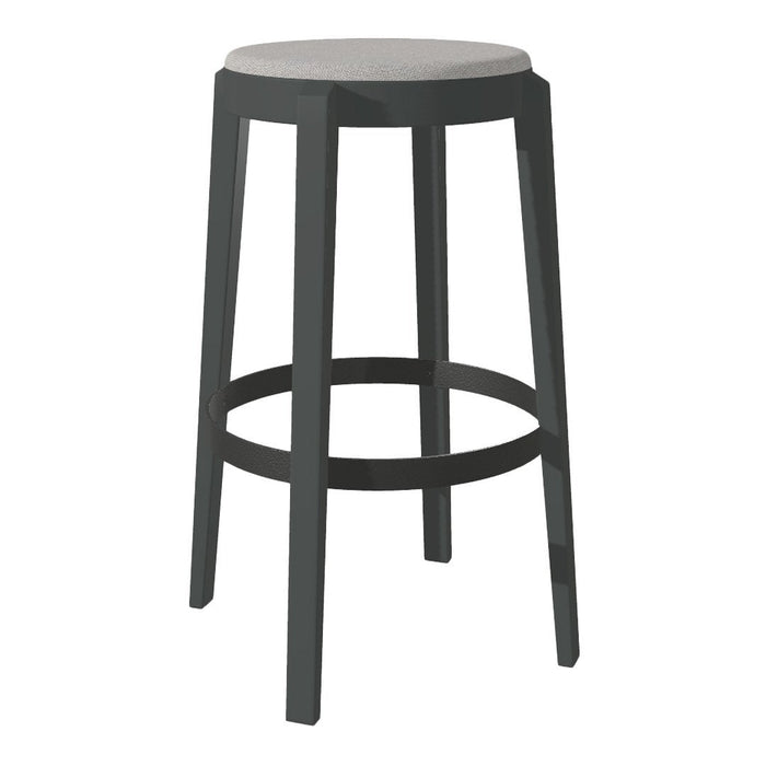 Gray wooden seat with a sleek black frame, featuring a minimalist design for modern decor.