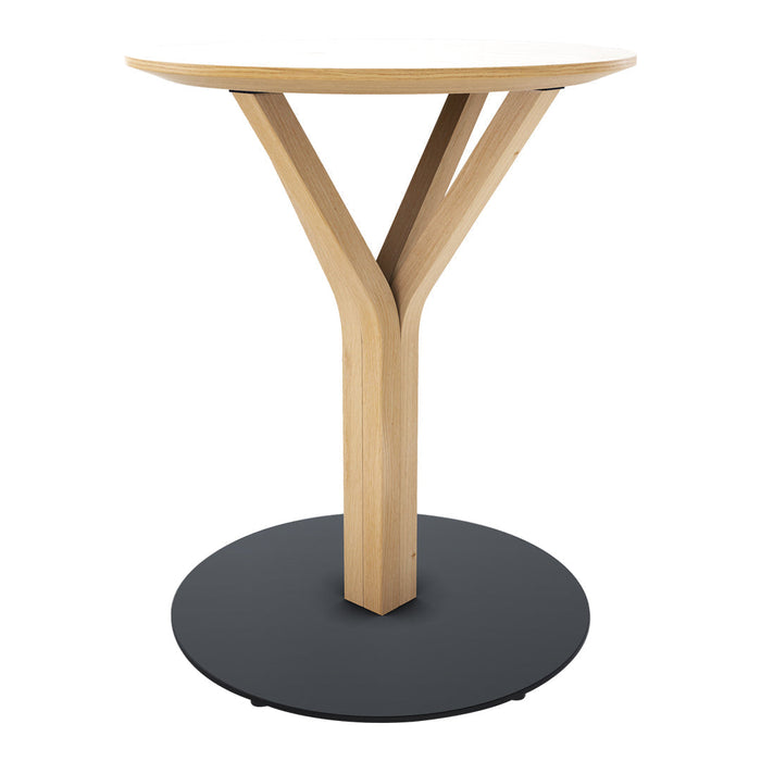 Natural wood finish with a sleek, dark circular base; minimalist design featuring a unique Y-shaped leg pattern.