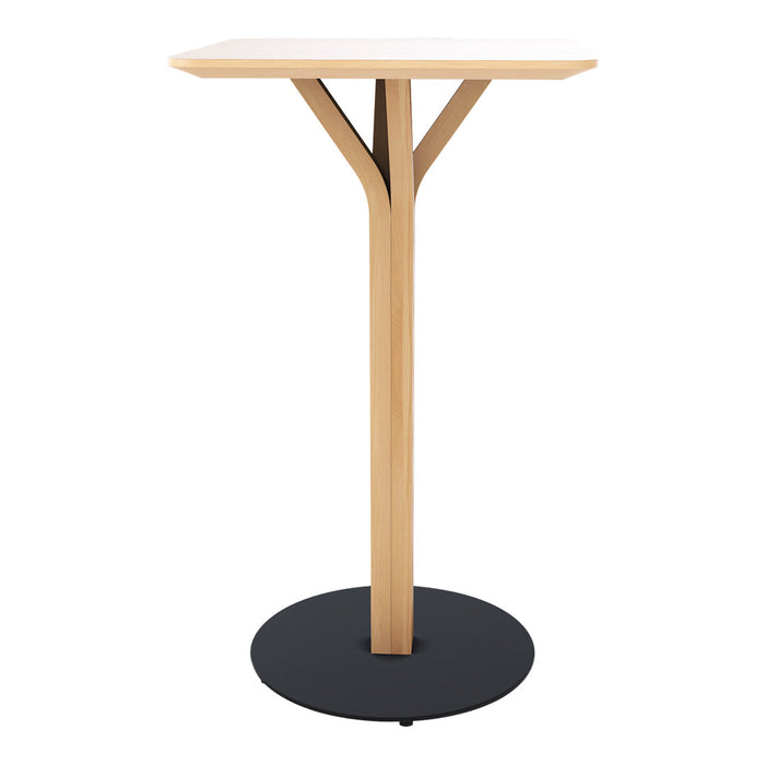 Light wood top with a natural finish, paired with a sleek black circular base. Modern minimalist design.