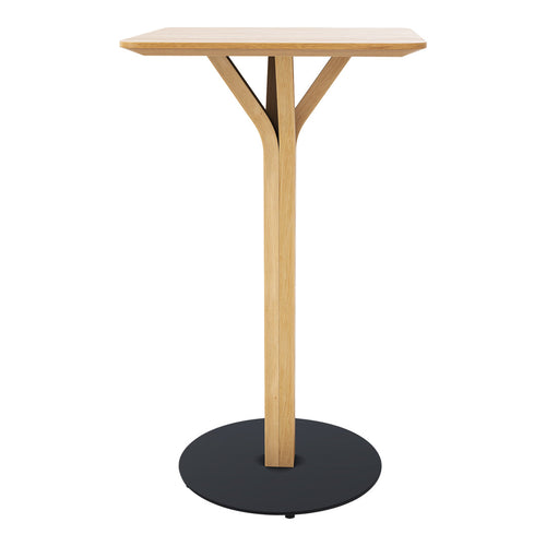 "Modern wooden bar table with natural finish and black round base, featuring a simple, stylish design."