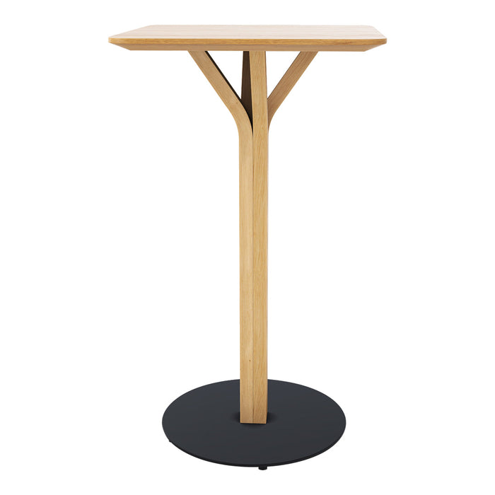 "Modern wooden bar table with natural finish and black round base, featuring a simple, stylish design."