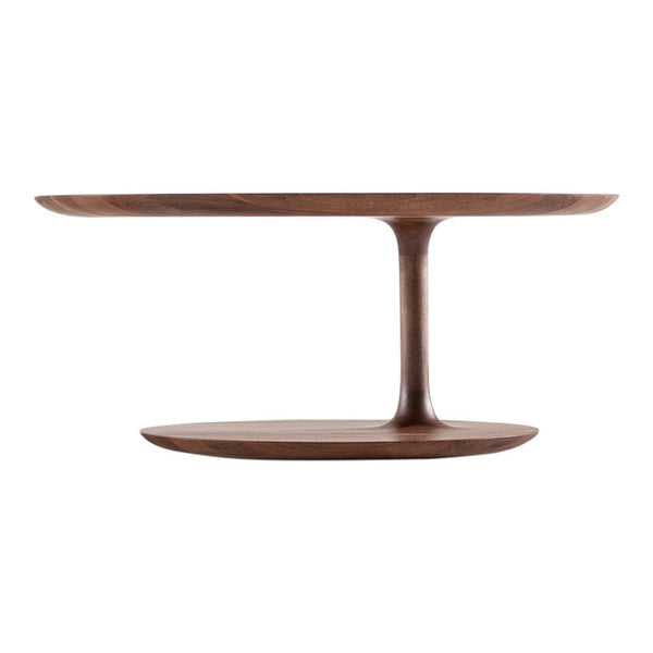 Modern walnut coffee table with a smooth, rich brown finish and sleek, circular design. Perfect for contemporary decor.