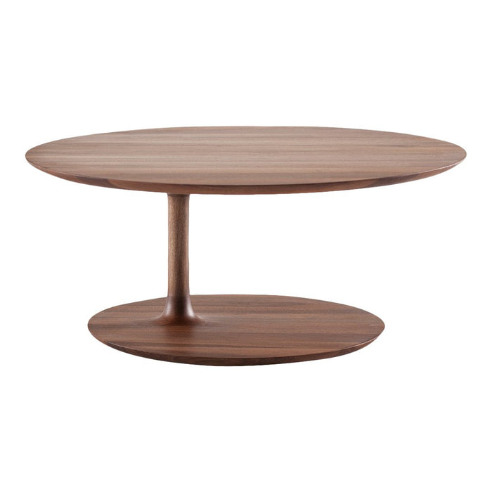 Wooden round coffee table in rich walnut finish with smooth surface and minimalistic design.