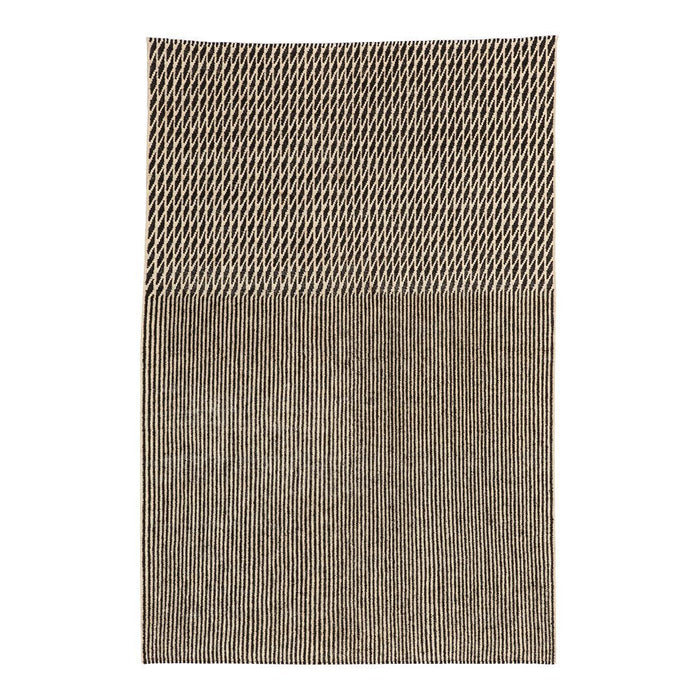 Beige and taupe woven rug with textured top pattern and smooth lower surface, perfect for modern decor.