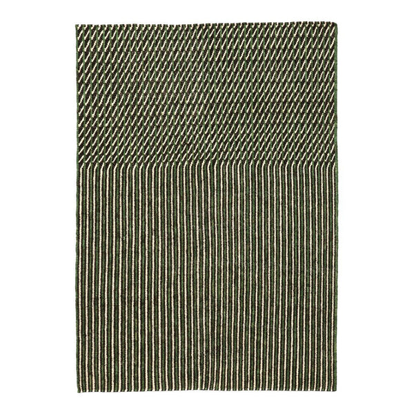Textured area rug featuring green and beige zigzag and striped patterns for modern decor.