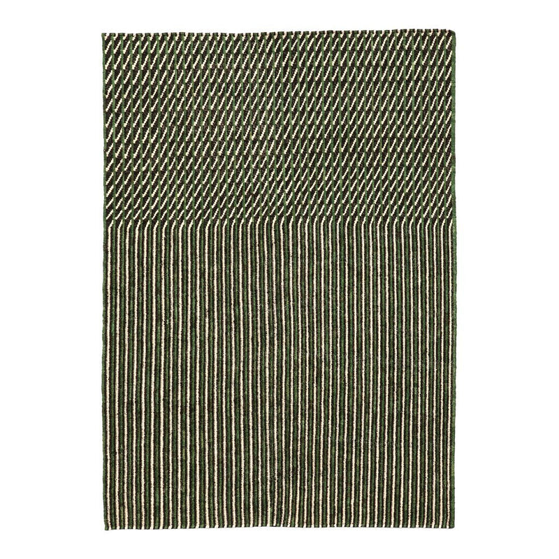 Textured area rug featuring green and beige zigzag and striped patterns for modern decor.