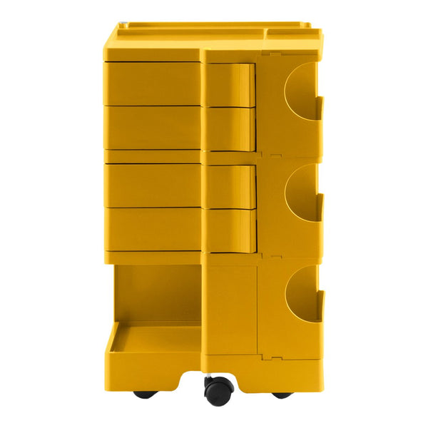 Bright yellow storage unit with a sleek design and multiple drawers, featuring smooth surfaces and circular cutouts.