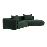 Green upholstered sectional sofa with smooth fabric and minimalist design, accented by plush throw pillows.