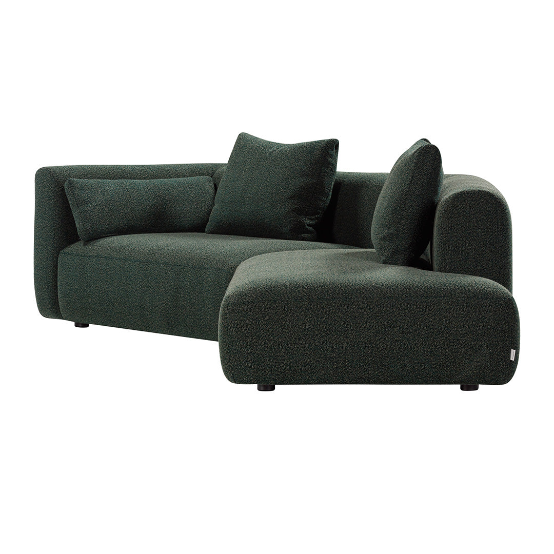 Dark green textured sofa with plush cushions and a modern curved design. Perfect for contemporary living spaces.