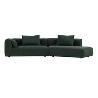 "Dark green sectional sofa with smooth fabric and clean lines, featuring coordinating cushions for added comfort."