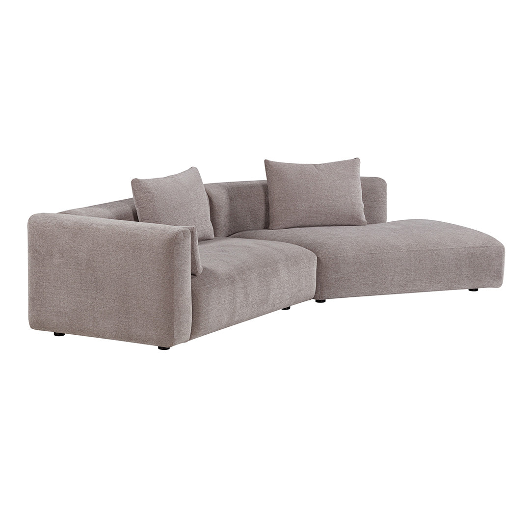 Light grey fabric sectional sofa with smooth texture and minimalist design, featuring plush cushions for added comfort.