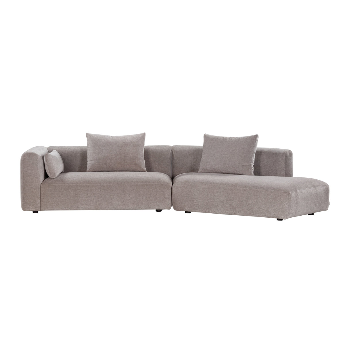 Light gray modern sectional sofa with soft fabric, featuring streamlined design and plush square cushions.