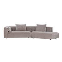 Light gray modern sectional sofa with soft fabric, featuring streamlined design and plush square cushions.