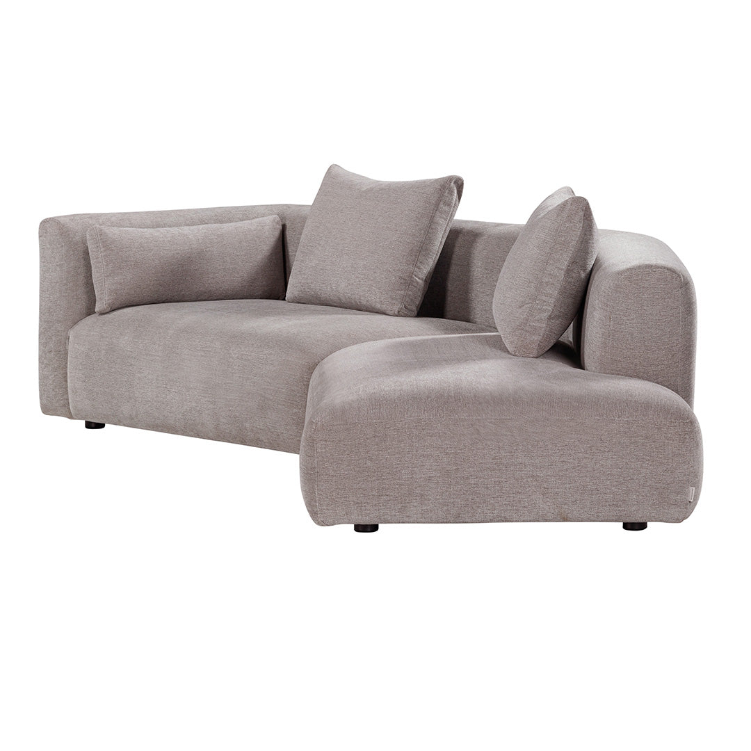 Plush gray sectional sofa with smooth fabric and a modern, minimalist design featuring round cushions.